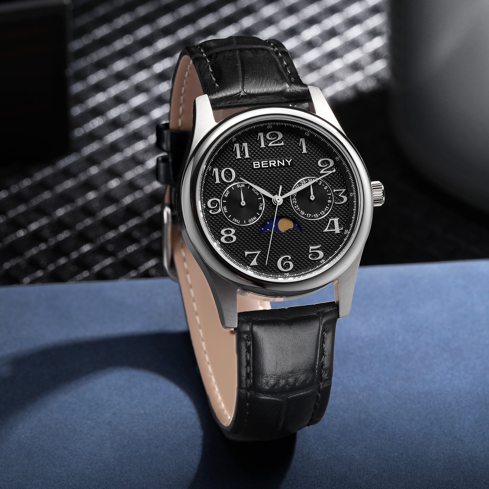 BERNY Dress Watches for Men, MultiFunction Leather Watch with Moon Phase, Day & Date Calendar, Stainless Steel Case, Easy to Read, Waterproof, Classic Analog Quartz Wrist Watch (Black)
