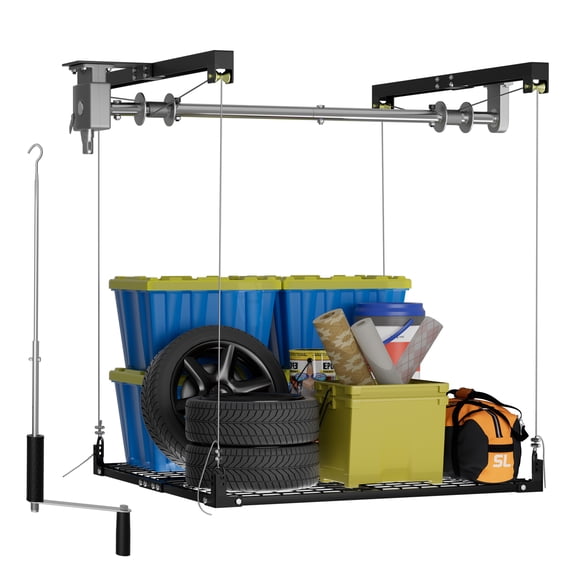 Heavy Duty 4x4 Garage Ceiling Storage Lift, 400 lb Overhead Drop Down Hoist Platform with Hand Crank & Electric Drill Compatible, Pulley System
