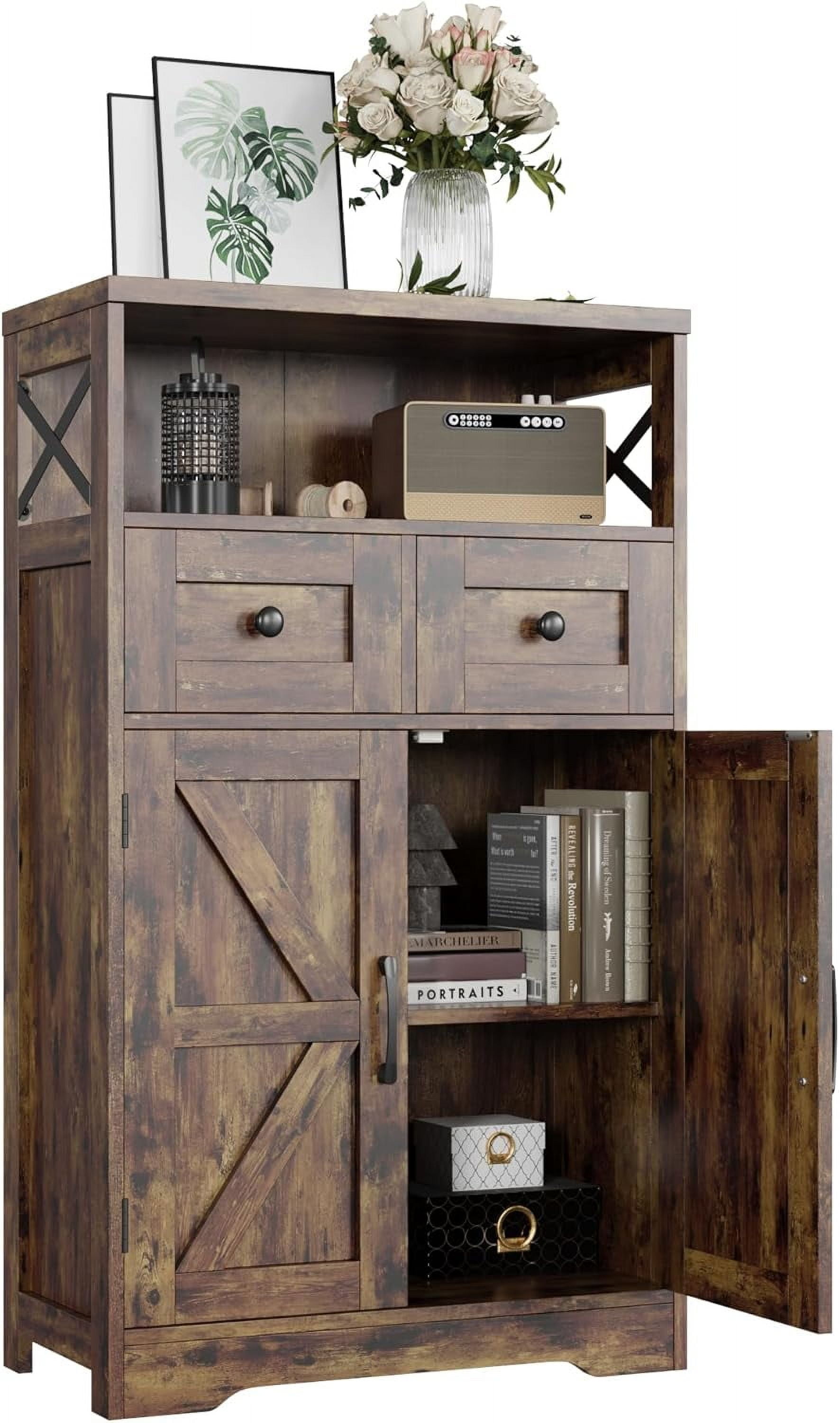 Rustic Brown Farmhouse Storage Cabinet with Barn Doors and Shelves, Freestanding Kitchen Pantry Storage Cabinet, Coffee Bar Station, Hutch Cupboard for Kitchen, Dining Room, Livingroom