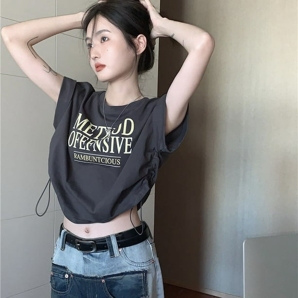 Camisetas con letras para mujer, asimétricas, lisas, estilo europeo, retro, de verano, recortadas, cuello redondo, ropa de calle sexy, elegante, de moda, para tiempo libre y chic.