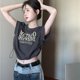 thumbnail image 1 of Camisetas con letras para mujer, asimétricas, lisas, estilo europeo, retro, de verano, recortadas, cuello redondo, ropa de calle sexy, elegante, de moda, para tiempo libre y chic., 1 of 6
