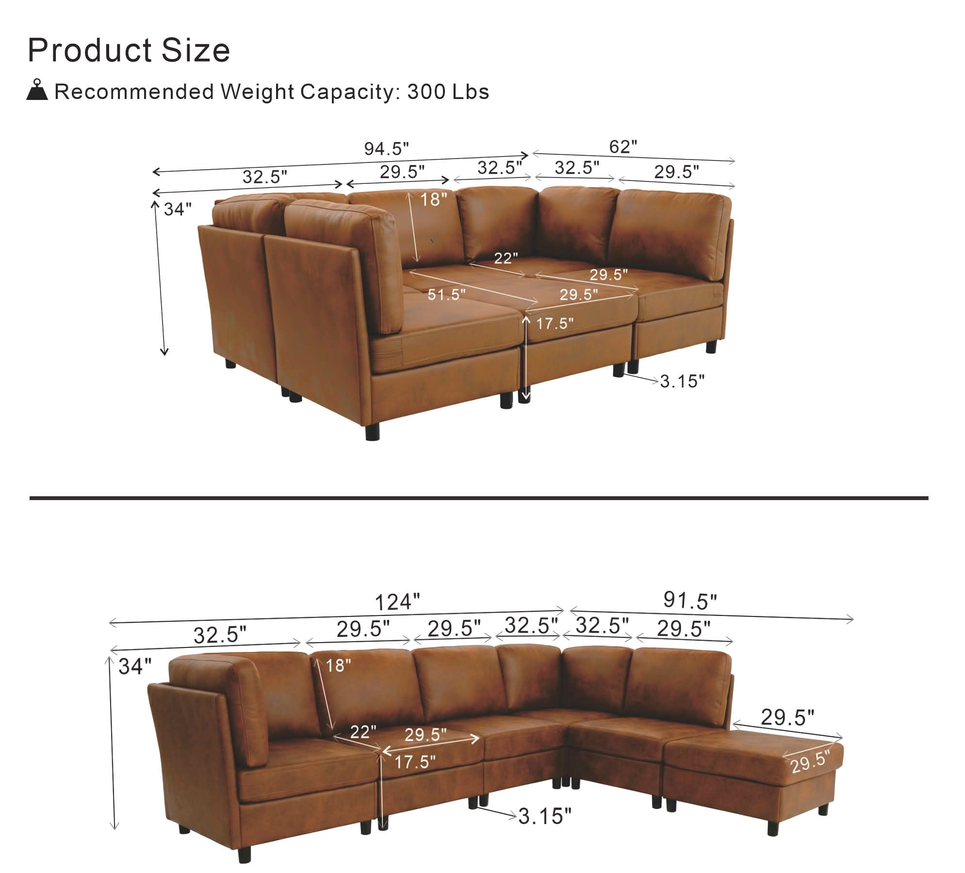 MAYEERTY 94.5 Inch Modular Corner Sectional Sofa, Freely Configurable Modern Couch with Convertible Ottoman & Sturdy Support Legs