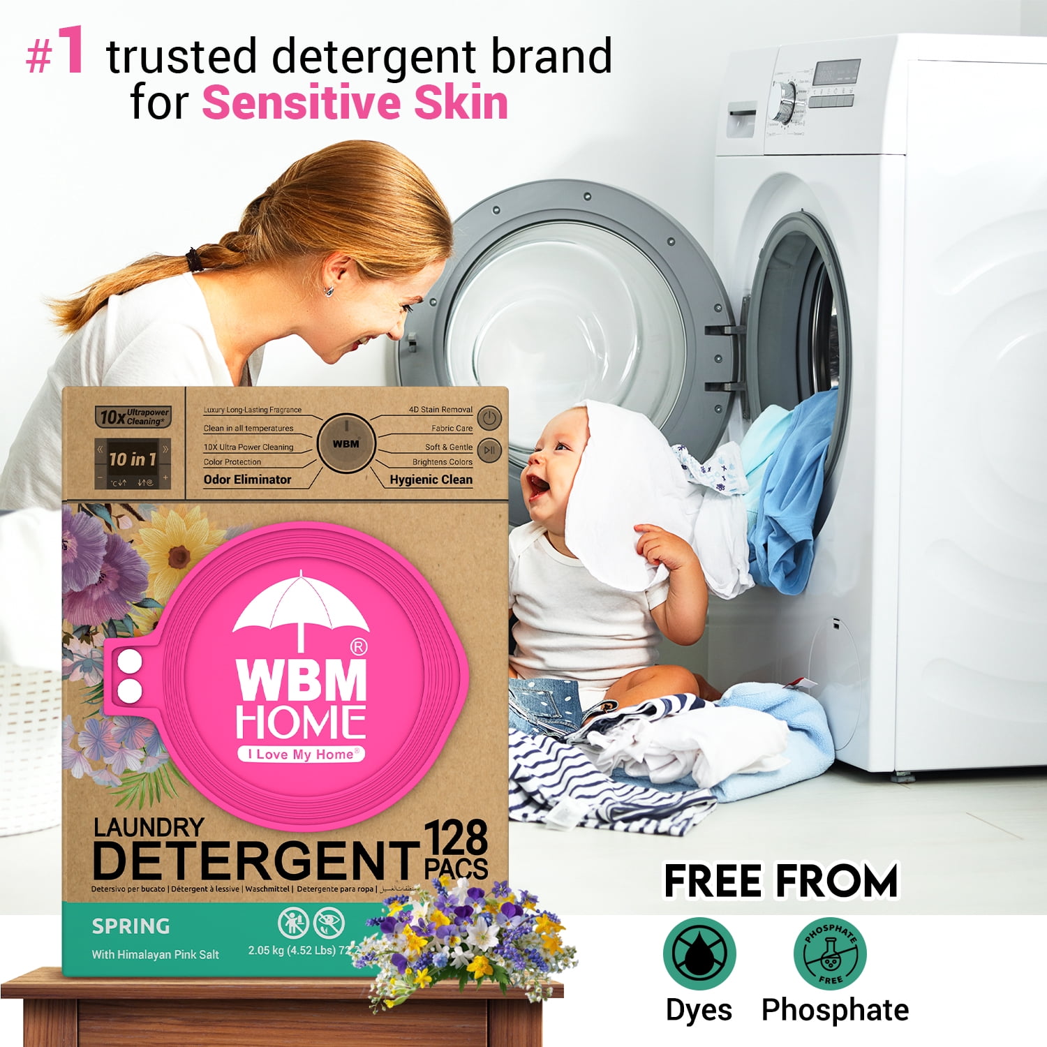 WBM Laundry Detergent Pods, Spring Fragrance, 128 Count, HE Concentrated, 10x Ultra Power