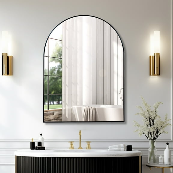 “30x40 Inch Silver Metal Framed Arched Wall Mirror - Modern Bathroom Vanity Mirror for Wall Decor”