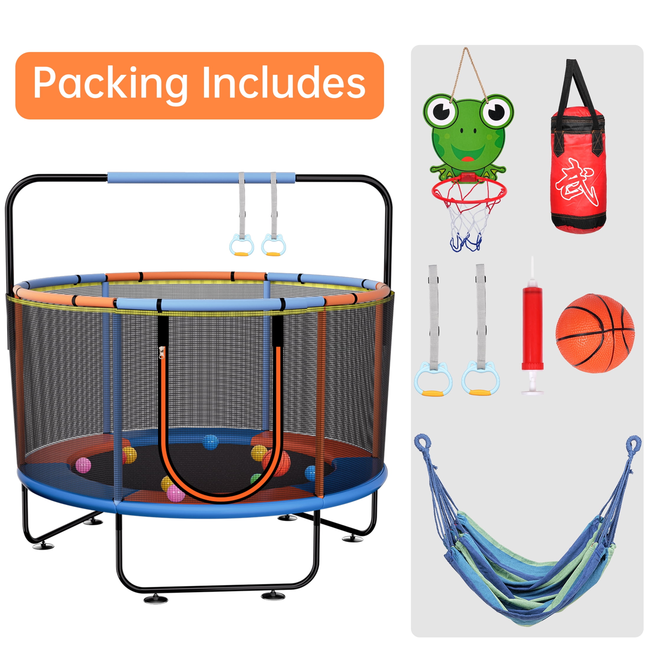 Skyhot 55" Indoor Outdoor Mini Round Trampoline for Kids, 7 in1 Kid Trampoline Indoor & Outdoor with Enclosure Net and Basketball Hoop
