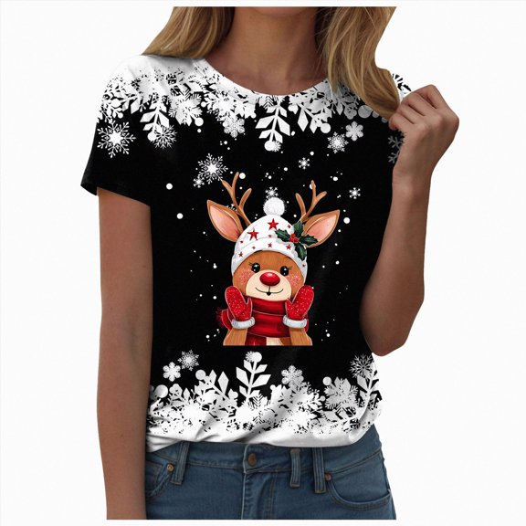 felwors Women Crew Neck Cute Christmas Graphic Tee Reindeer Hat Scarf Snowflake Print Black for Size M
