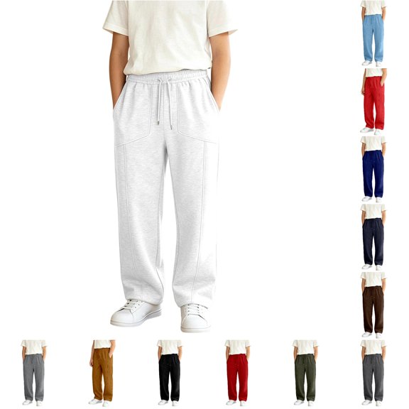 WhouRiu Boys Casual Jogger Pants Solid Color Drawstring Waist Baggy Wide Leg Sweatpants Kids Autumn Comfortable Trousers With Pockets,9-10 Years