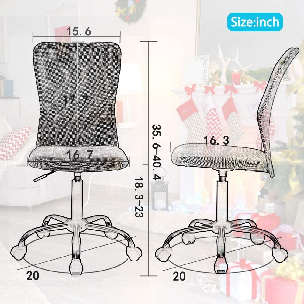 Armless Office Chair Mesh Desk Chair Adjustable Mesh Computer Chair No Arms Task Rolling Chair with Quiet 360°Swivel Wheels for adults, Black