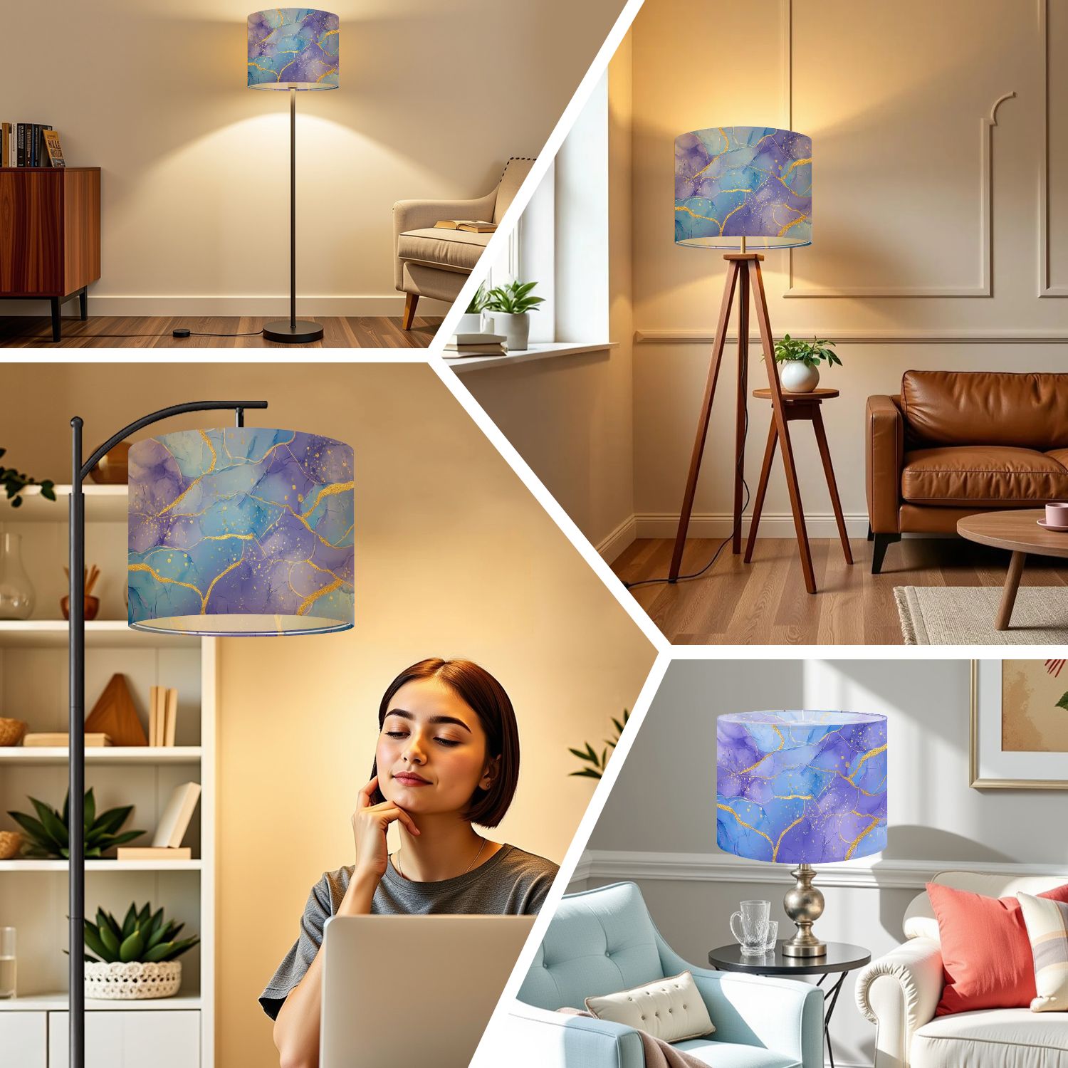Linen Drum Lampshades Violet cyan blue liquid watercolor golden stains Teal mauve 13"x13"x10" Light Shade for Table Lamps Floor Lamps Drum Lamp Shades Lampshade Replacement Assembly Required