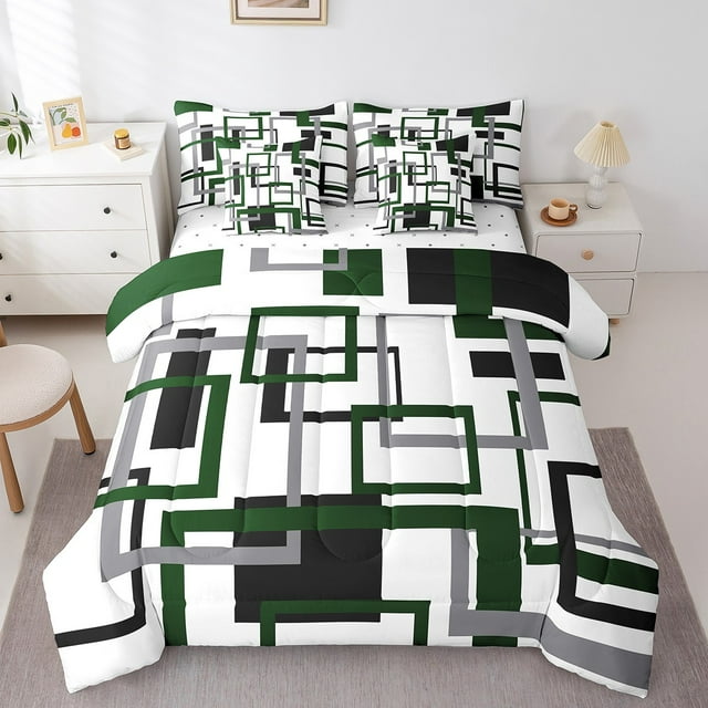 YST Green Black White Comforter Set Full,Geometric Bed In A Bag for Boys Girls,Modern Striped Square Bedding Set,Abstract Reversible Bed Sets with Sheet Set 7 Pcs Bedroom Decor