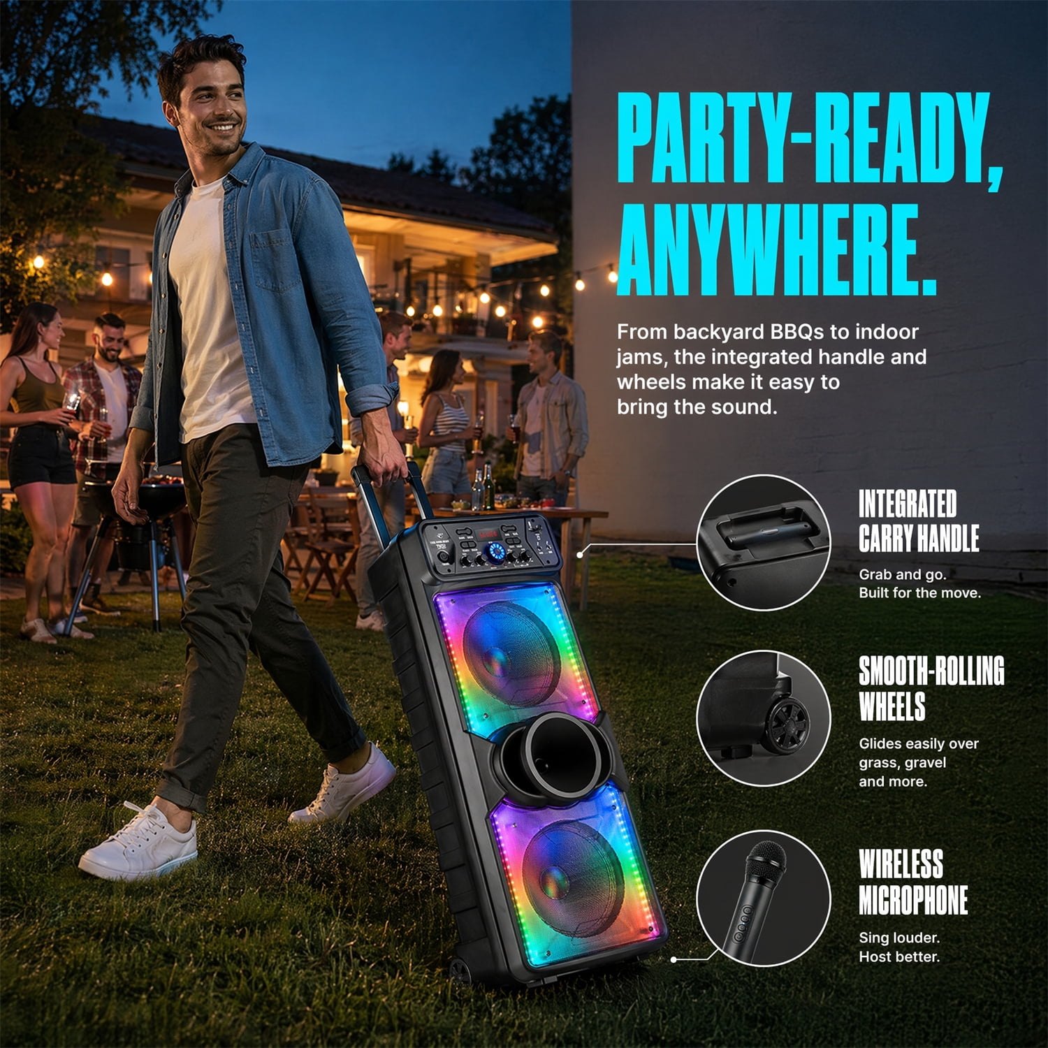Lohoms Portable Wireless Speaker, Dual 10" Subwoofer & Double 2" Tweeter Trolley Bluetooth Speaker W/ Microphone Heavy Bass Stereo Woofer Party PA System, AUX, FM, Remote, Karaoke LED Light, 37" H