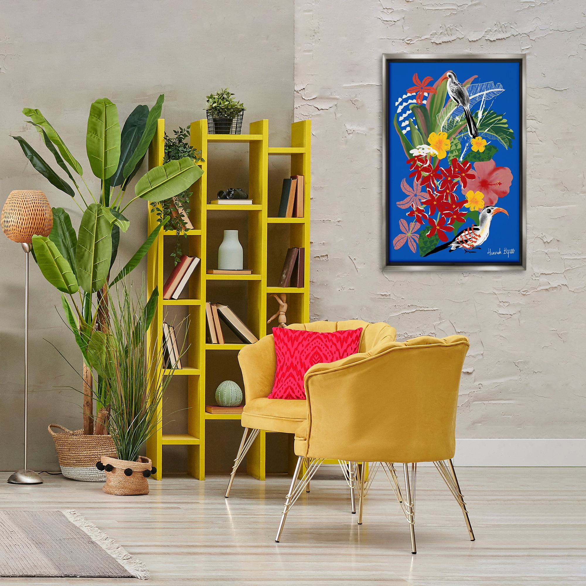 Stupell Industries Gambia Inspired Botanicals Animals Painting Gray Floater Framed Canvas Art Print Wall Art, 21 x 31