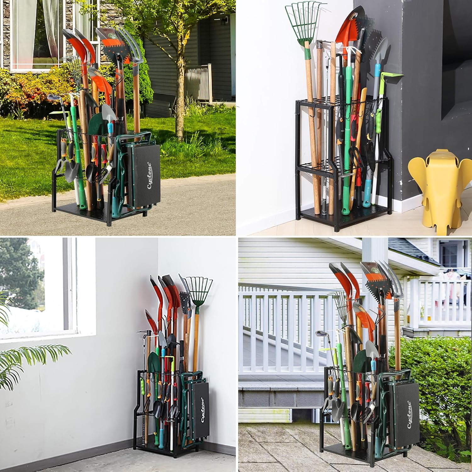Heavy Duty Yard Tool Tower Rack, Free Standing Garage Storage for Rakes, Brooms, Shovels, Extra Hooks