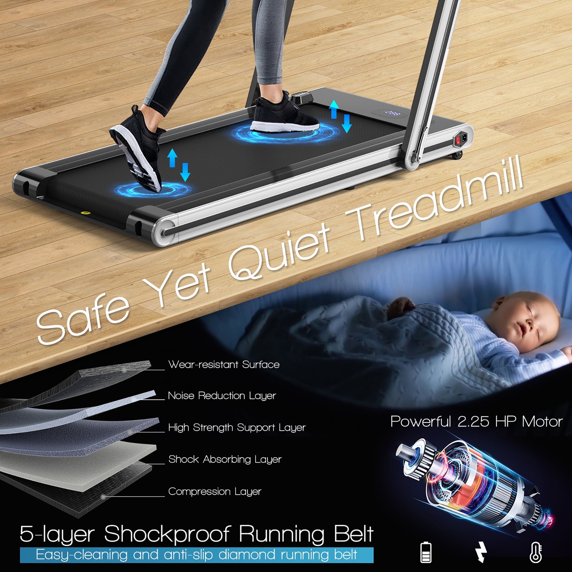 Costway 2 in 1 Folding Treadmill 2.25HP Jogging Machine w Dual LED Display Silver Walmart