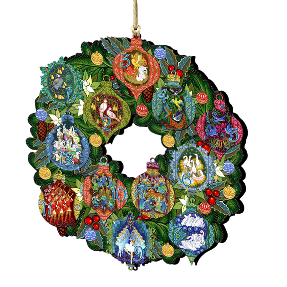 Designocracy Set of 2 Wreath with 12 Days of Christmas Wooden Ornaments 5.5"