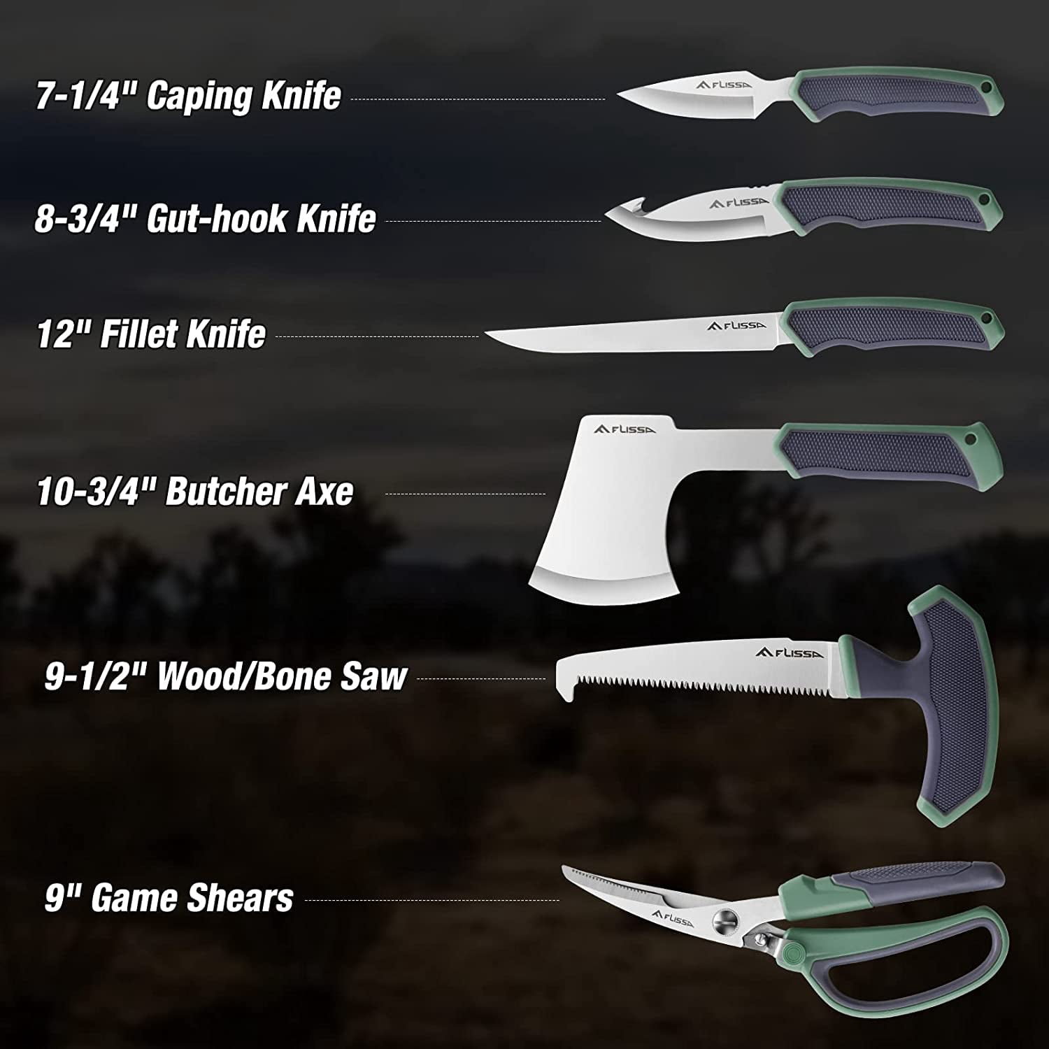 FLISSA Hunting Field Dressing Kit, 10 Piece Hunting Knife Set with Skinning Knife, Butcher Game Processing Kit with Portable Storage Case for Deer, Meat Processing, Fishing, Camping, Survival