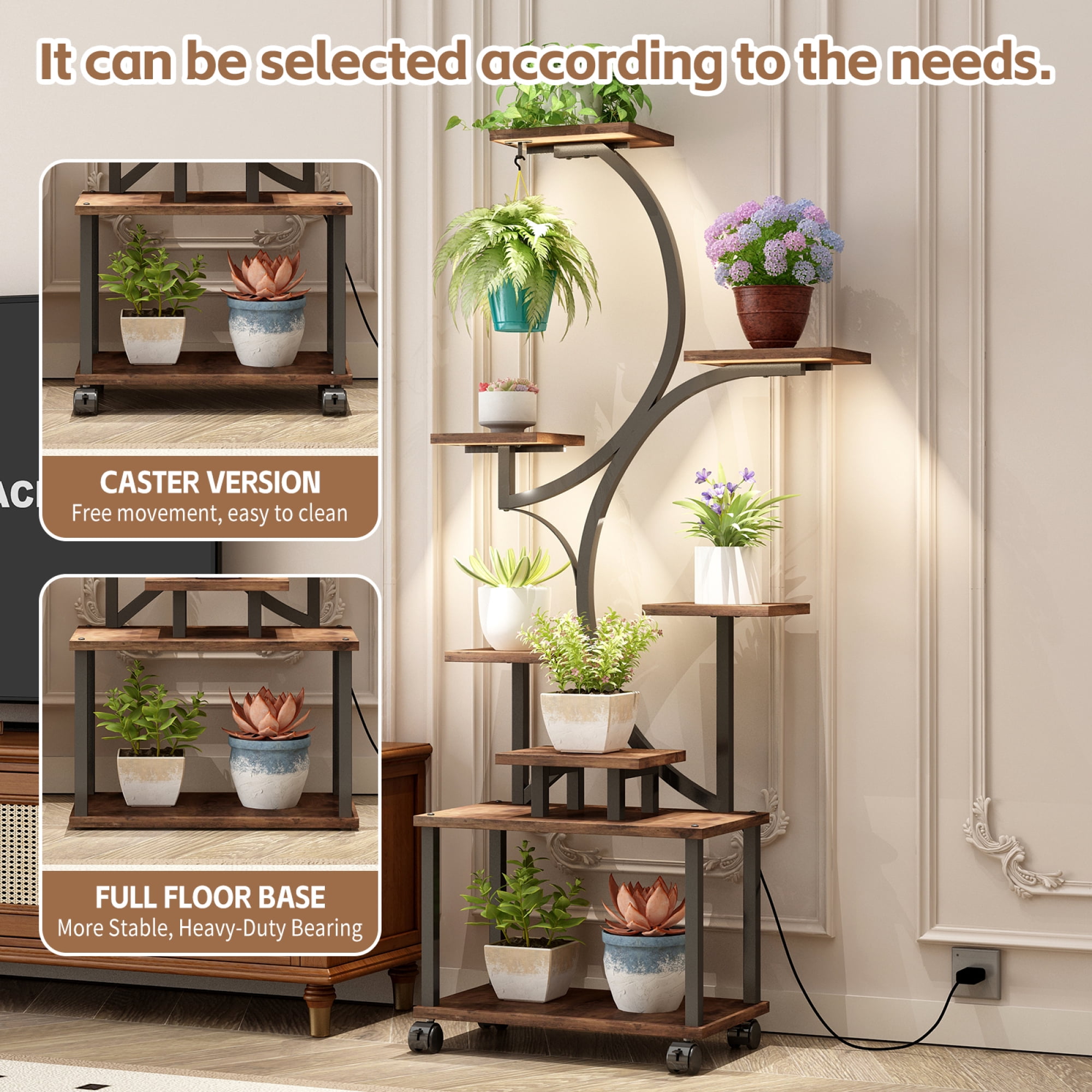 Leumius Plant Stand with Grow Lights, 62" Tall Plant Shelf, Lighted Corner Plant Stands for Indoor Growing, 8 Tiered Large Flower Holder, S-Shaped Decorative Rack for Living Room Home Patio Brown