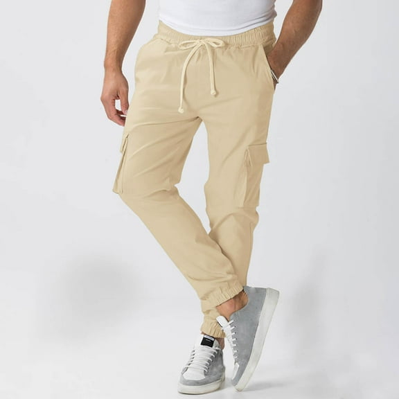 Fnnxeal Mens Cargo Sweatpants- Drawstring Stretch Breathable Slim Fit Solid Trouser Khaki Pants for Men Size S