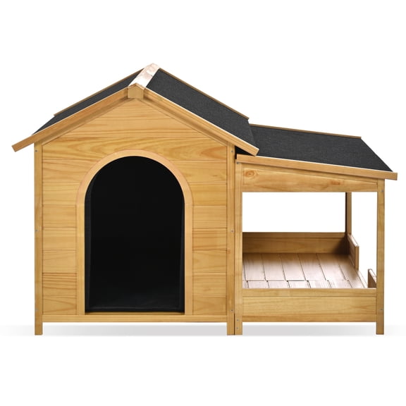 60.2" Large Outdoor Dog House with Insulated Liner for Winter Waterproof Dog Kennel for Medium & Large Dogs, Dog House with Porch and Asphalt Roof and Elevated Floor, Nature