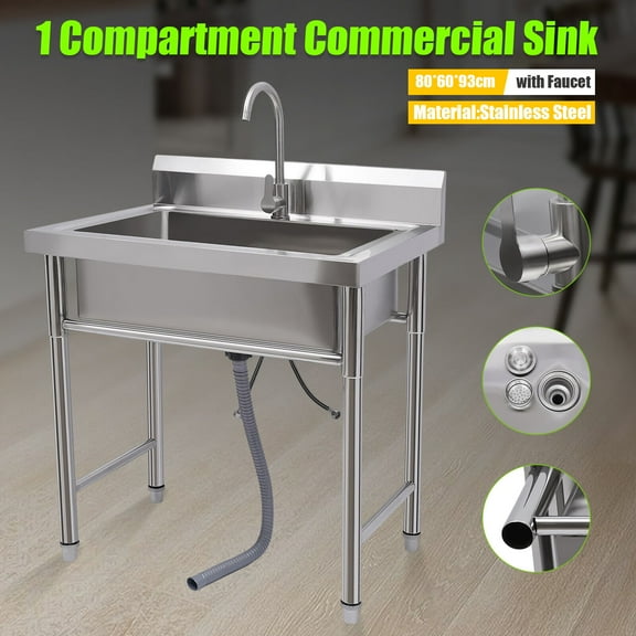 Miumaeov Stainless Steel Commercial Sink with Single Compartment Free Standing Kitchen Prep & Utility Sink With Faucet