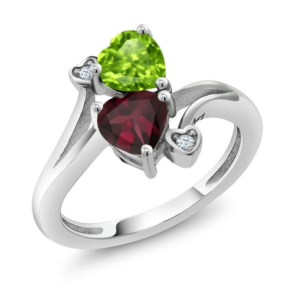 Gem Stone King 925 Sterling Silver Green Peridot Red Rhodolite Garnet Ring for Women (1.58 Cttw, Heart Shape 6MM, Gemstone August Birthstone, Size 5)