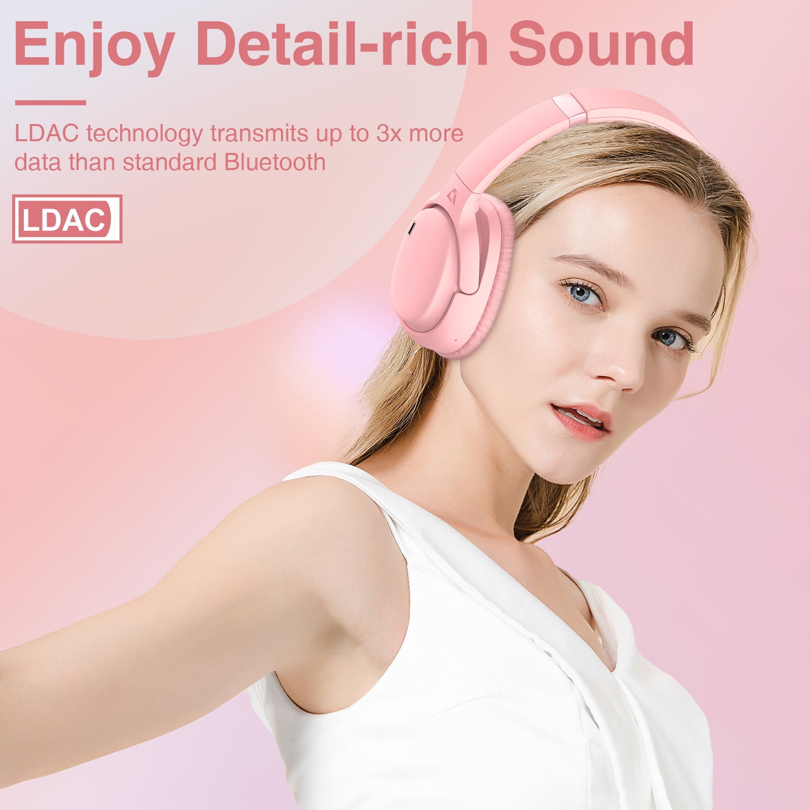 Ankbit E700 Noise Cancelling Headphones with LDAC, Wireless Bluetooth 5.1 Over Ear Headphones with Microphone, 60H Playtime, Pink