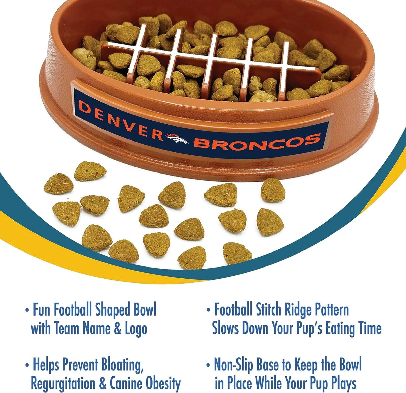 Pets First NFL Denver Broncos Super-Bowl Slow Feeder Bowl for Dogs and Cats, Football Design for Healthy Digestion, Non-Slip, for Large & Small Pet