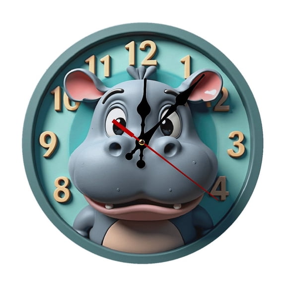 Cute Cartoon Hippo Wall Clock 10 Inch Silent Non Ticking Round Wooden Clock Decoration for Living Room Kitchen Bedroom Bathroom Office Classroom