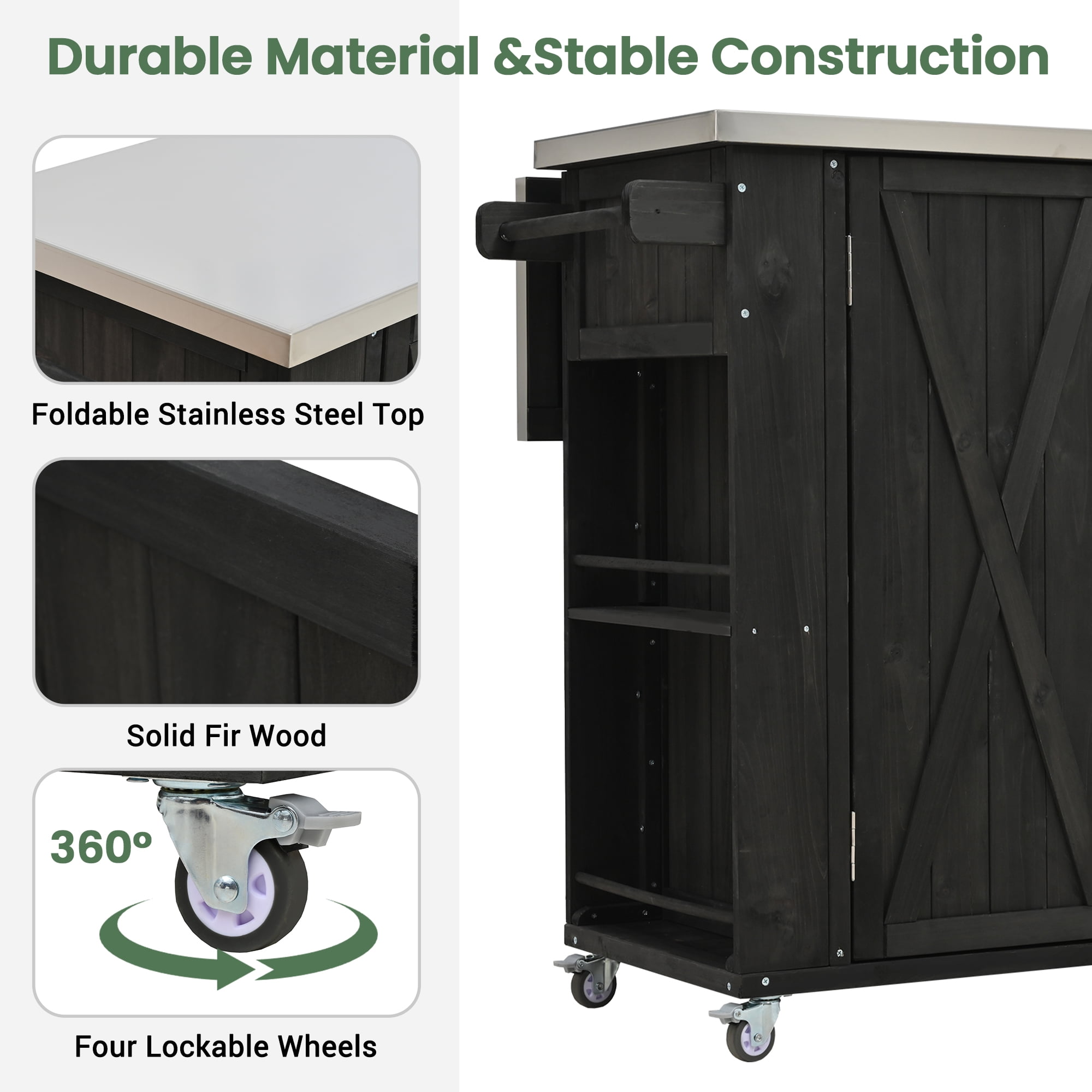 Outdoor Kitchen Islands, Patio Storage, Fir Wood Kitchen Island with Stainless Steel Foldable Top, Lockable Wheels, Ample Storage, Towel and Spice Racks, Bottle Opener for Backyard Patio, Black