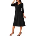 thumbnail image 4 of Vestido midi casual A-line de mujer INSPIRE CHIC 2024 con nudo en la parte delantera, escote en V, mangas 3/4 y bolsillos, negro M, 4 of 5