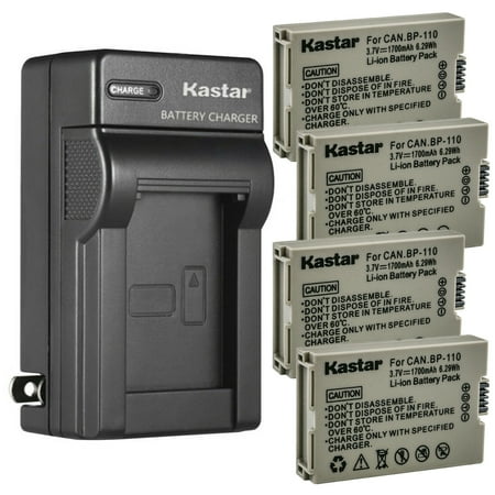 Kastar 4-Pack BP110 Battery and AC Wall Charger Replacement for Canon VIXIA HF R21 HFR21 VIXIA HF R28 HFR28 VIXIA HF R27 HFR27 VIXIA HF R26 HFR26 VIXIA HF R206 HFR206 VIXIA HF R205 HFR205 Camera