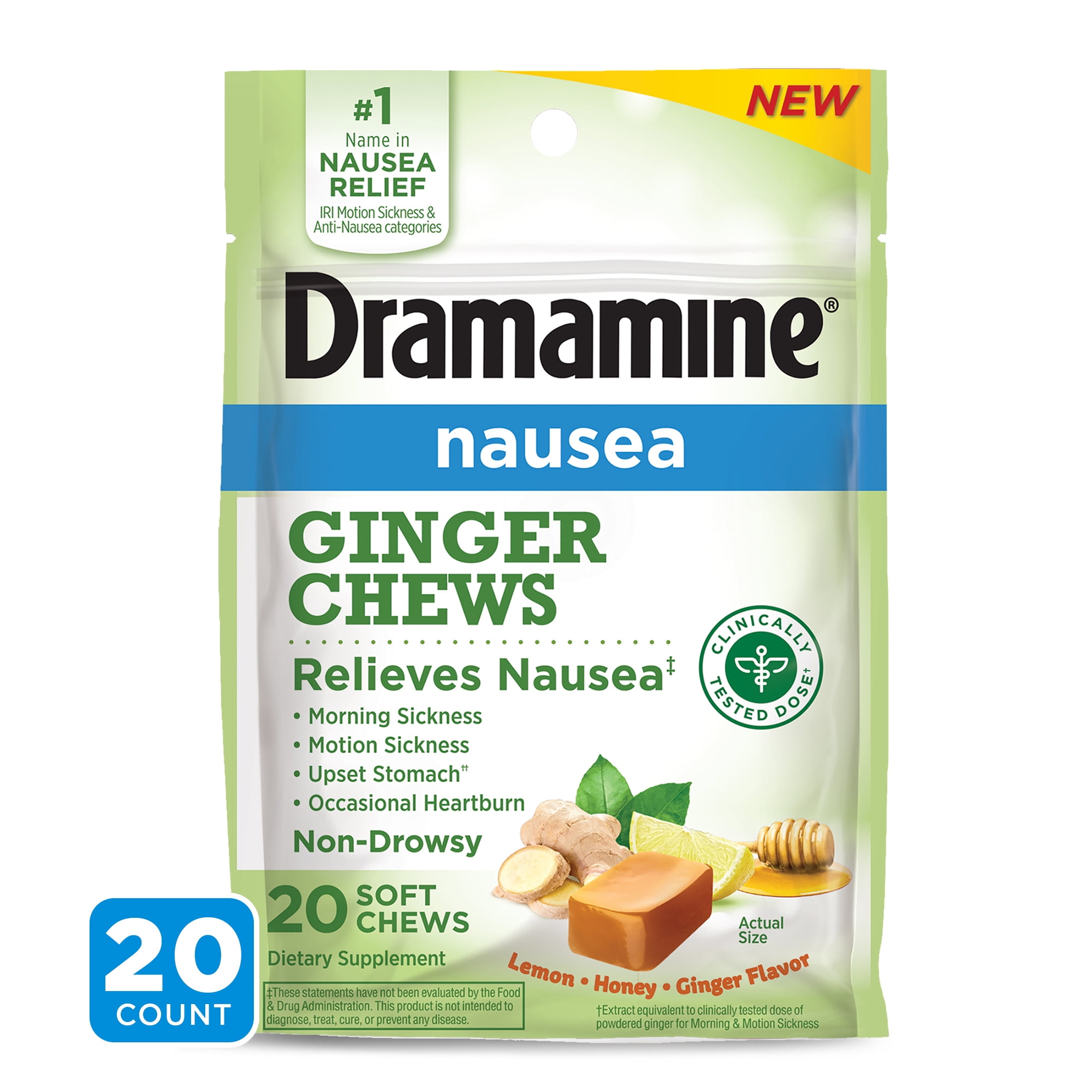 Dramamine Nausea Relief Ginger Chews, LemonHoneyGinger flavor, 20 Count