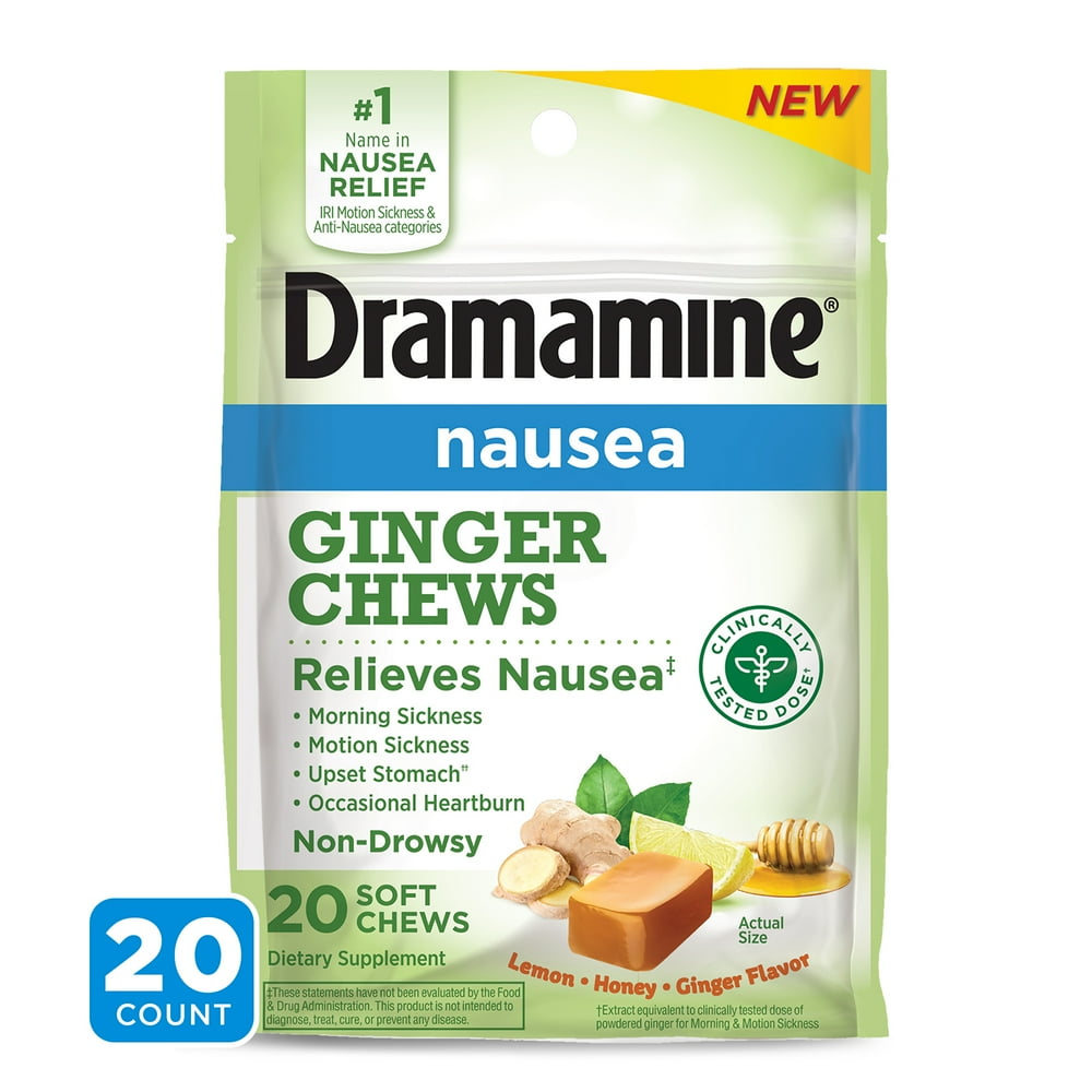 Dramamine Nausea Ginger Chews, LemonHoneyGinger flavored, 20 Soft