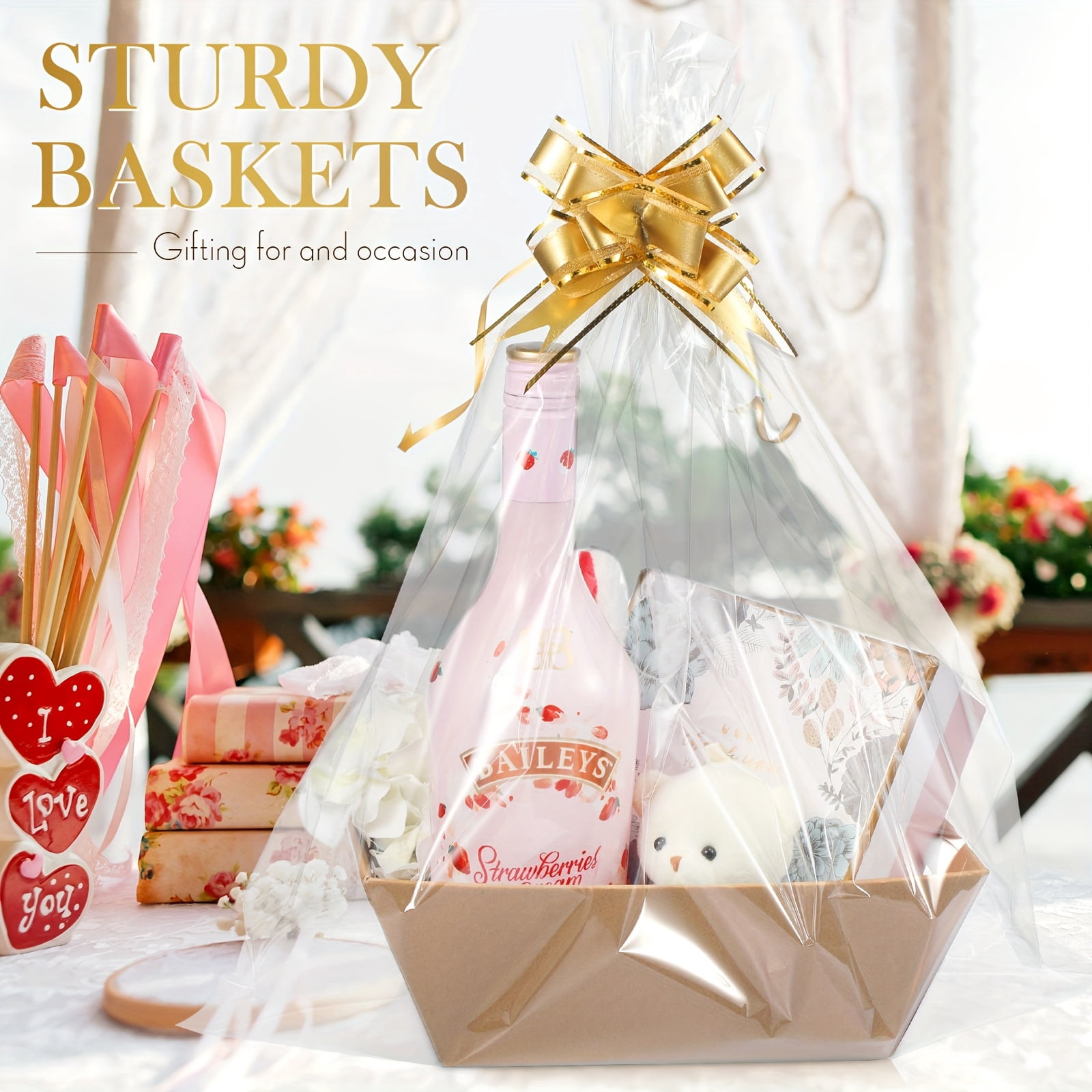 44Pcs Gift Basket Wrapping Set, Gift Baskets Empty With 12 Paper Tray Containers, 12 Clear Cellophane Bags for Gift Baskets and 20 Pull Bow Ribbons, Kraft Brown Packaging Kit for Party, Gifting