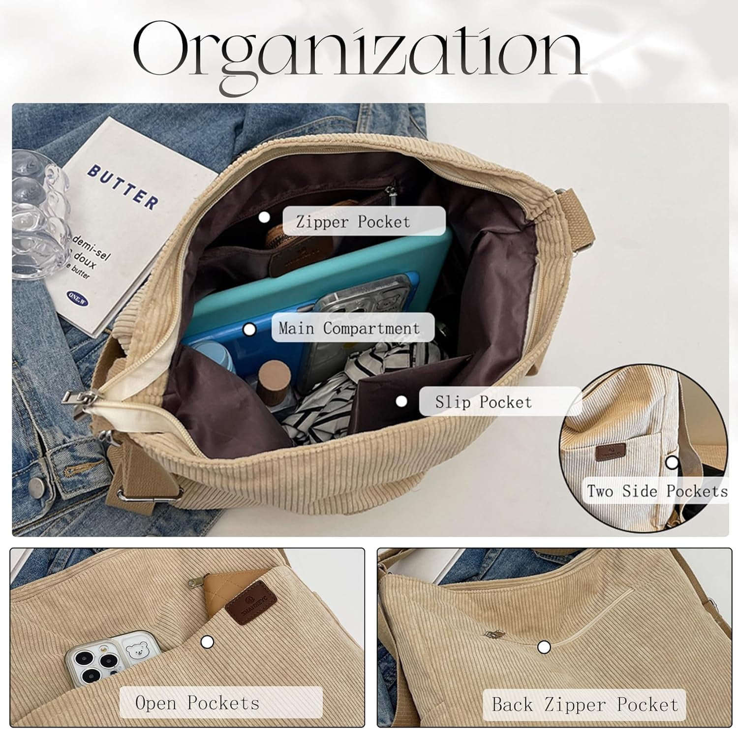 Corduroy Tote Bag for Women Convertible Backpack Purse Crossbody Hobo Shoulder Bag with Multi Pockets Compartments