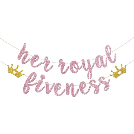 Her Royal Fiveness Banner - Happy 5th Birthday Party Decor for Girls - Cheers to 5 Years Party Decorations Supplies, Pink Glitter