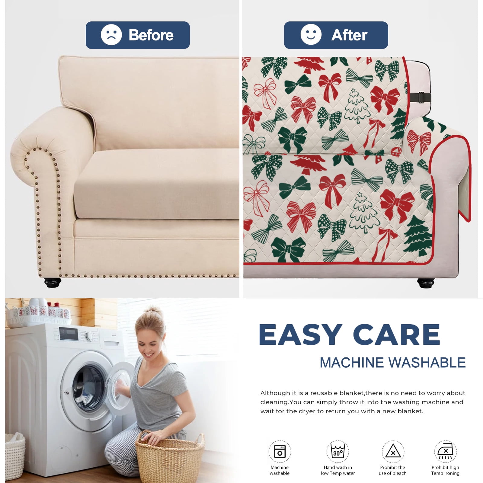 Sanmadrola Christmas Sofa Cover Waterproof Slipcover Couch Cover Furniture Protector Machine Washable Non Slip Leakproof with Straps for Dogs Kids Pets Christmas Indoor Decoration Bow Oversized Sofa