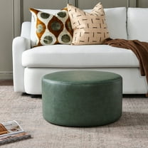 KINWELL Modern Faux Leather Round Upholstered Ottoman, Multi-Functional Sofa Footrest, Side Table, Extra Seating for Living Room, Bedroom (Green, 24" D x 24" W x 13" H)