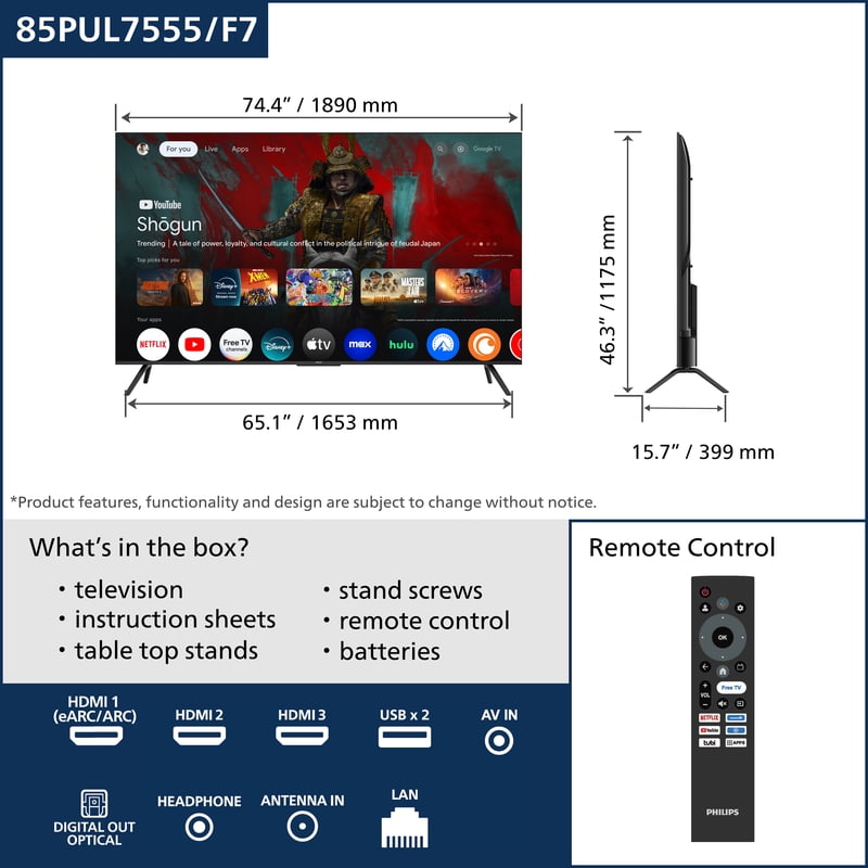 Philips 85" Class 4K Ultra HD (2160p) Google Smart LED TV (85PUL7555/F7) display and camera view