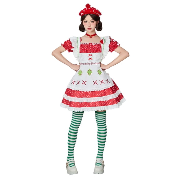 [Officially Licensed] Strawberry Shortcake Women's Dress Set with Beret and Apron, M