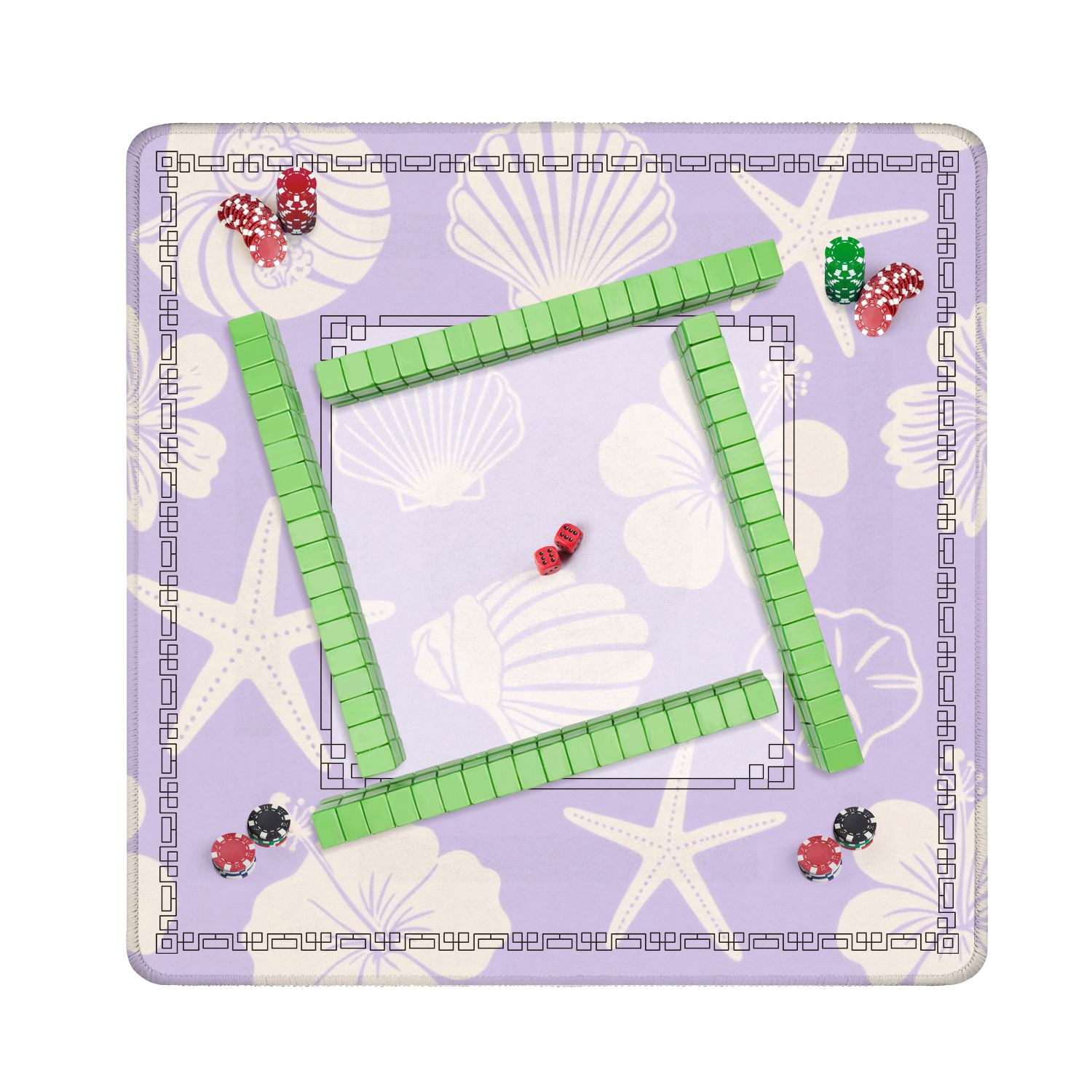 Mahjong Mat 31.5" x 31.5" Pastel Purple Tropical Seashell Starfish Hibiscus Flowers Non-Slip Noise Reduction American Mahjong Tiles Table Cover for Dominoes Poker Card Board Games Gift