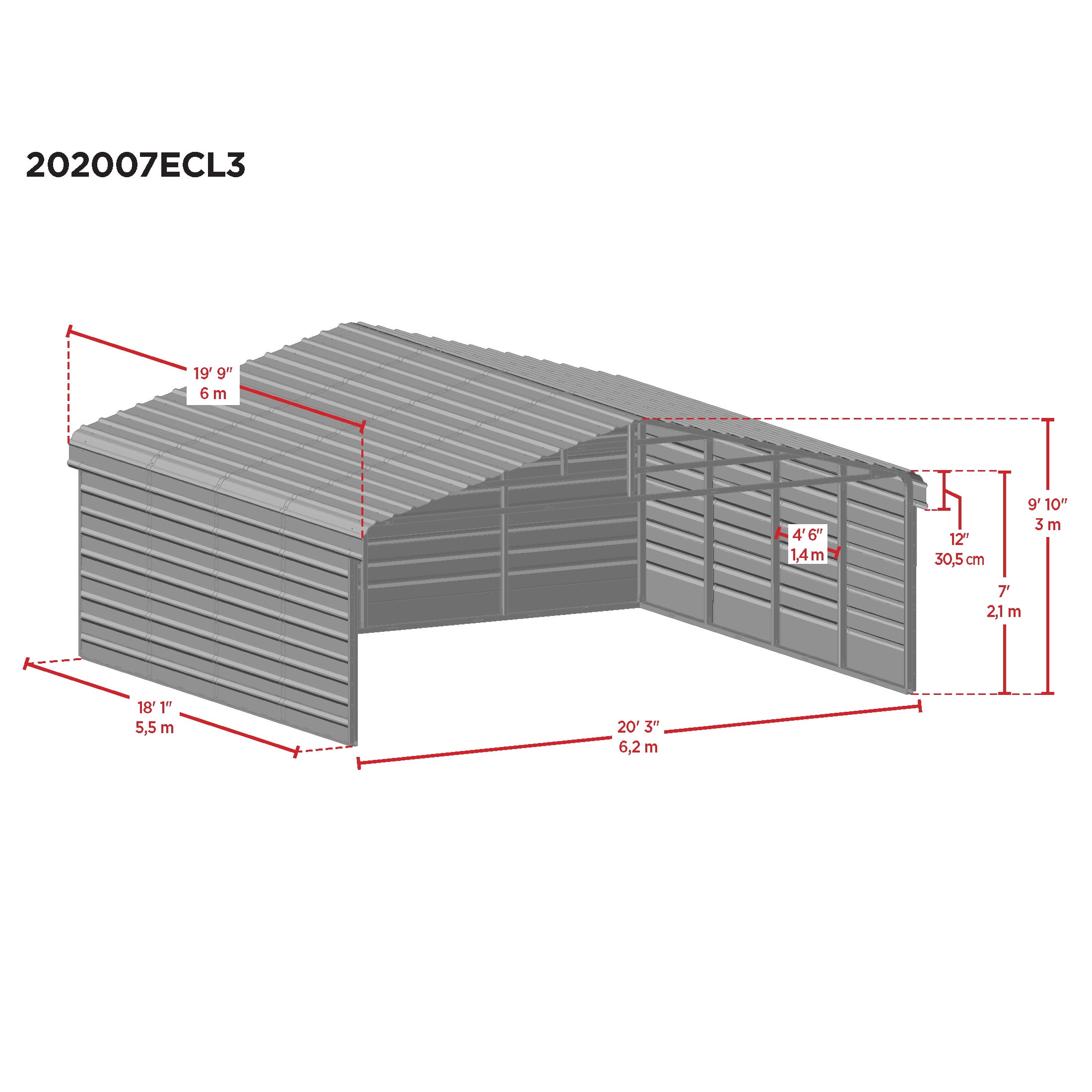 Arrow 20 x 20 x 7 ft Charcoal Steel Carport With 3 Wall Kit