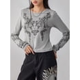 thumbnail image 5 of KelaJuan Women Casual T-Shirt, Round Neck Long Sleeve Vintage Totem Pattern Print Bottoming Tops Tee Outwear, 5 of 6