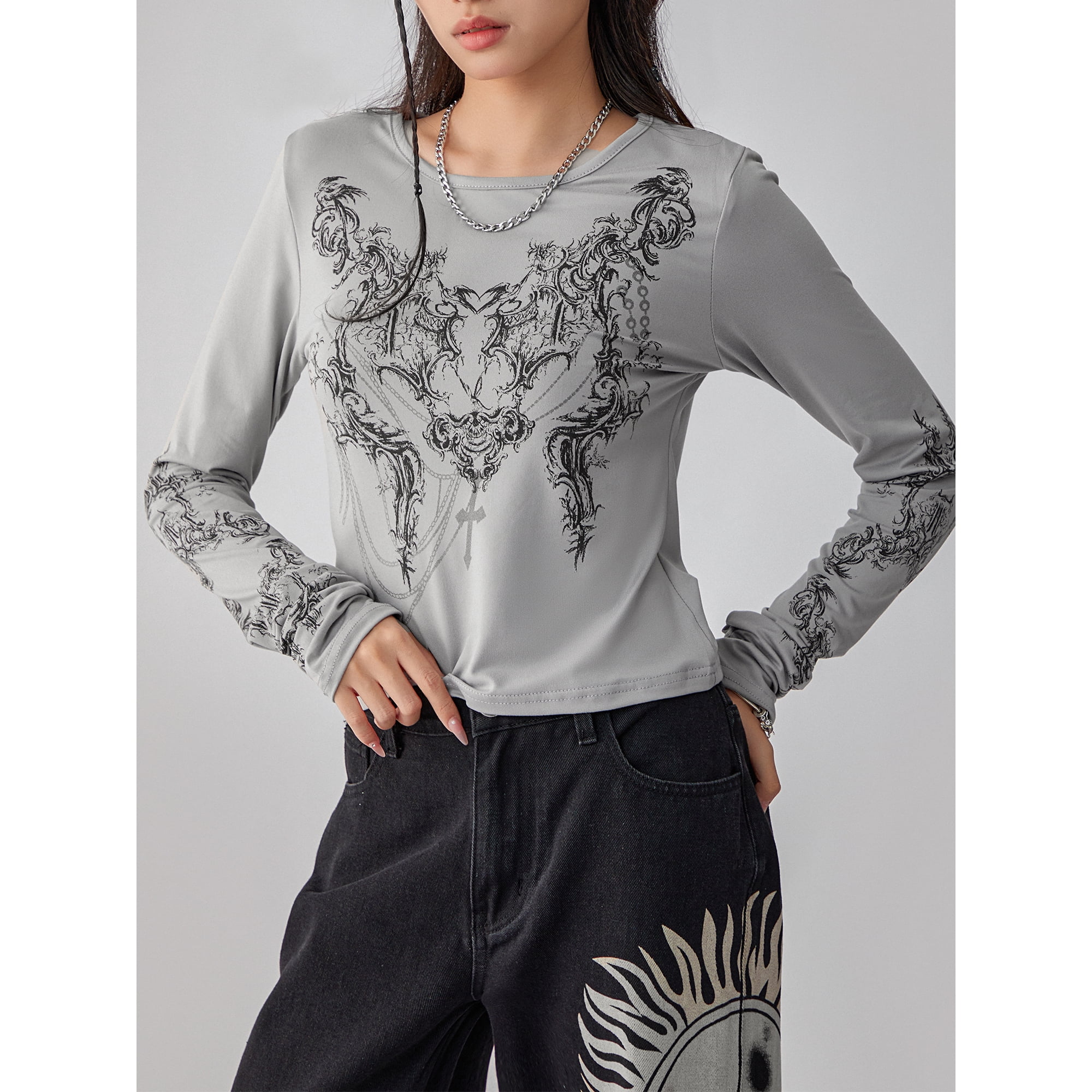 Nituyy Women Casual T Shirt Round Neck Long Sleeve Vintage Totem Pattern Print Bottoming Tops Tee Outwear Walmart