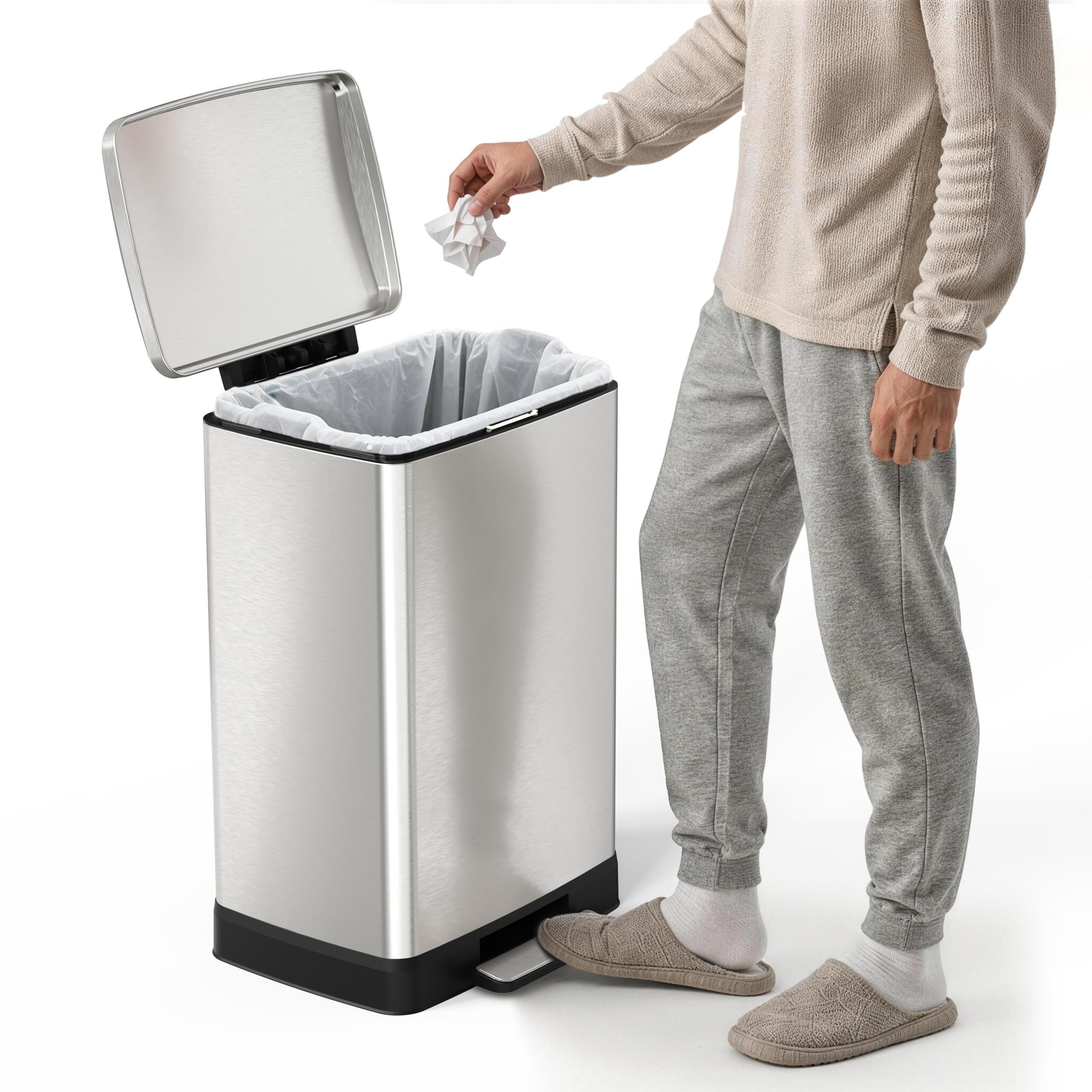 Stainless Steel Step Trash Can 17.2 Gallon Brushed Nickel Hands-Free with Removable Inner Bucket for Kitchen Bathroom