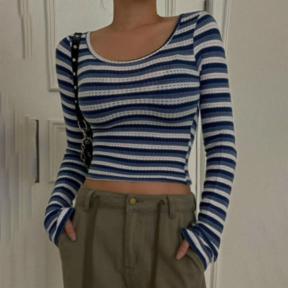 Womens Casual Pullover Round Neck Slim Fit Striped Long Sleeve Shirt Comfortable Stretchy Basic Top Spring Outfit