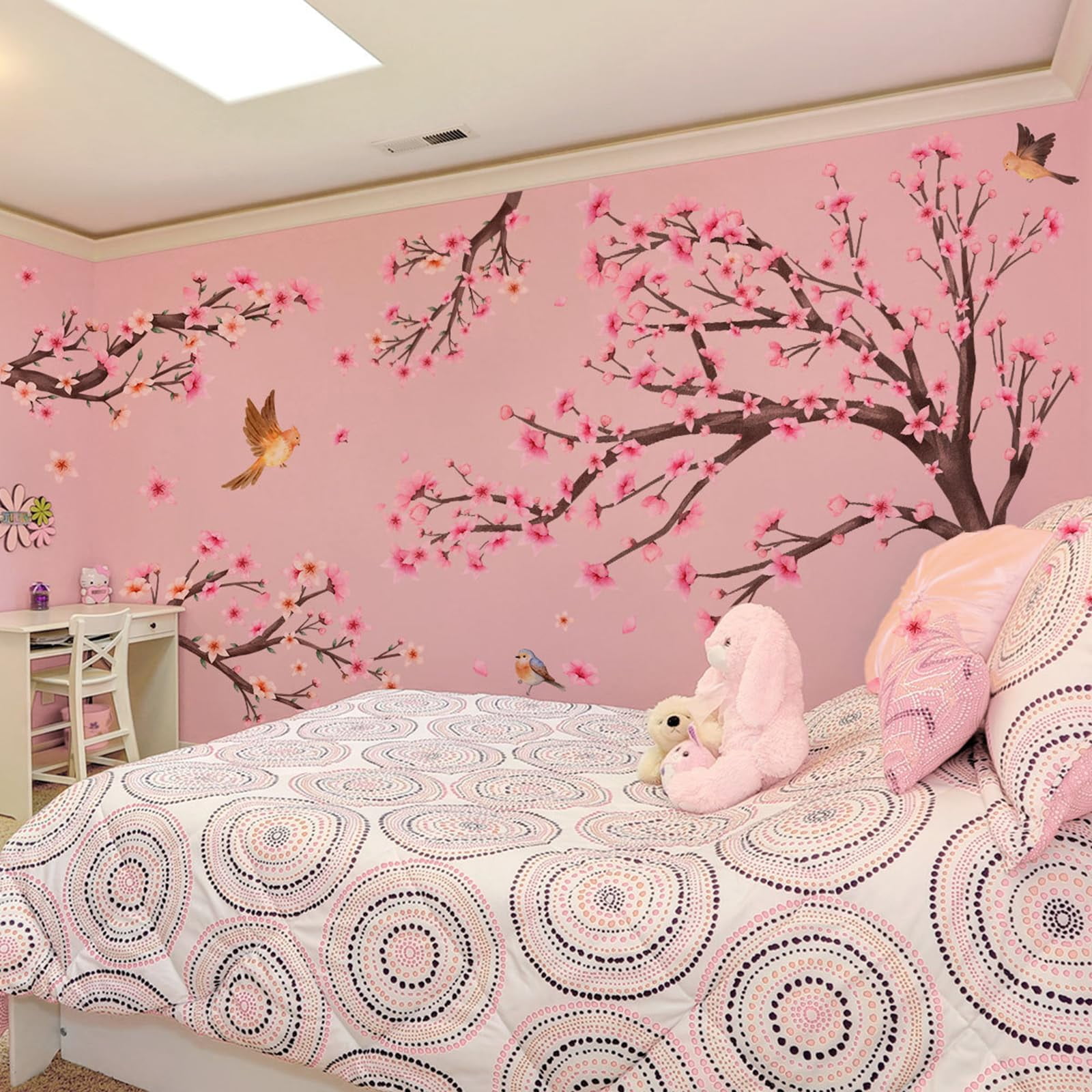 Large Cherry Blossom Tree Wall Stickers Pink Flower Tree Wall Decals for Girls Kids Bedroom Nursery Living Room TV Wall Decor