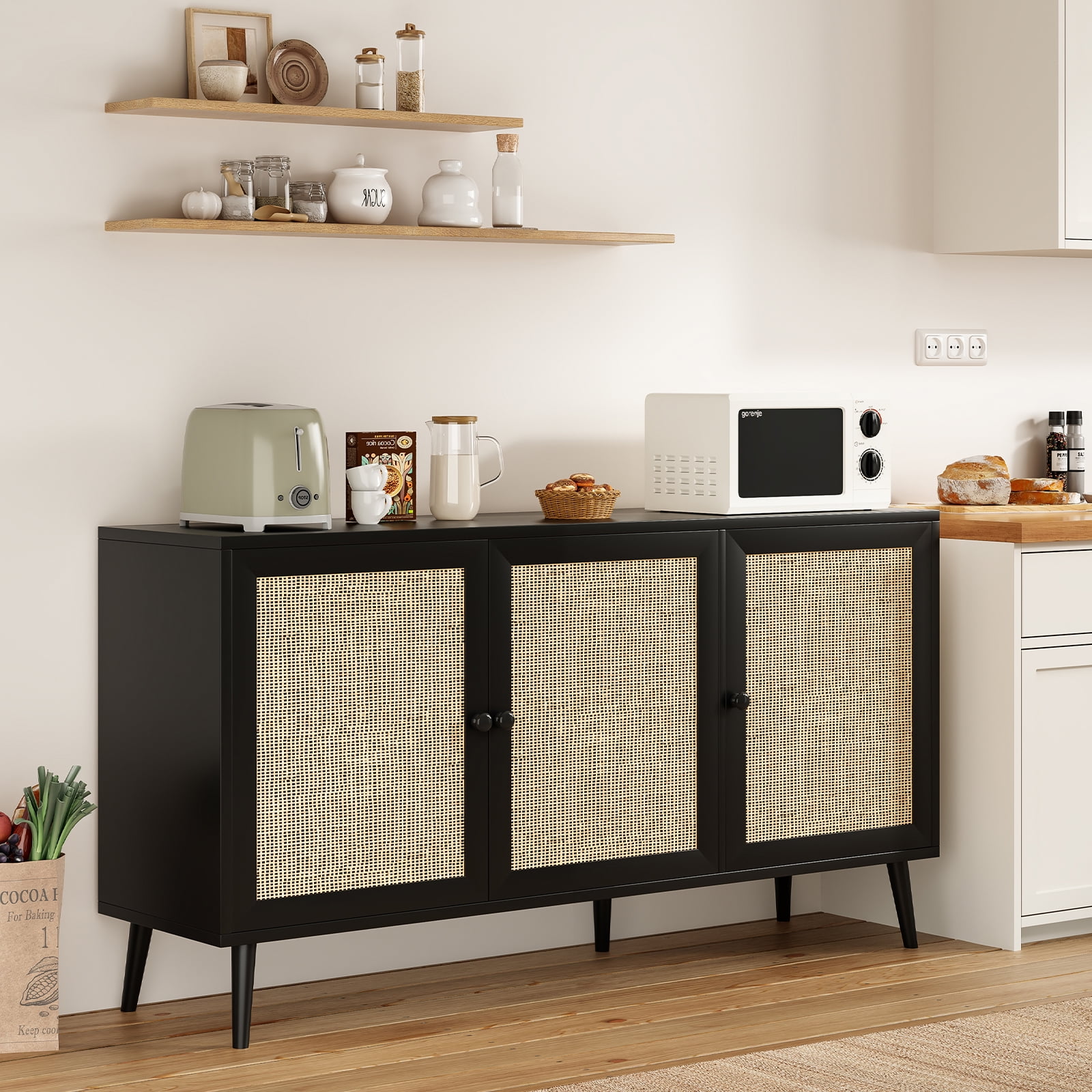 Aukfa Rattan Sideboard Buffet Cabinet,Accent Cabinet with Doors & Shelves for Kitchen, Living Room,Black