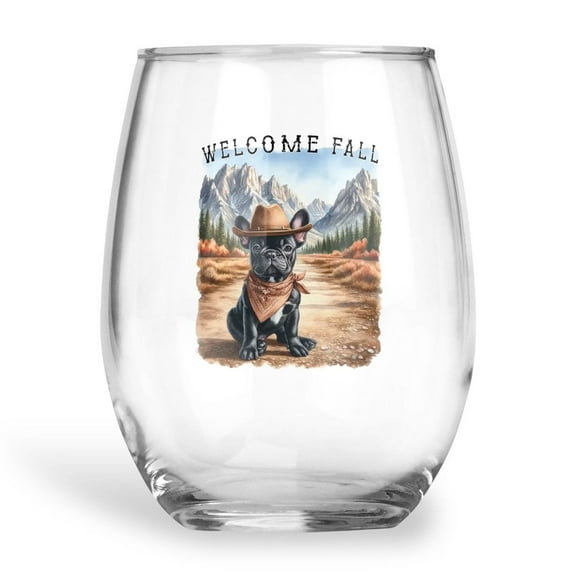 Welcome Fall Western Cowboy French Bulldog Enjoys Majestic Autumn 15oz Stemless Wine Glass Mug Dog Lover Gifts Wine Glasses Cup - 01007