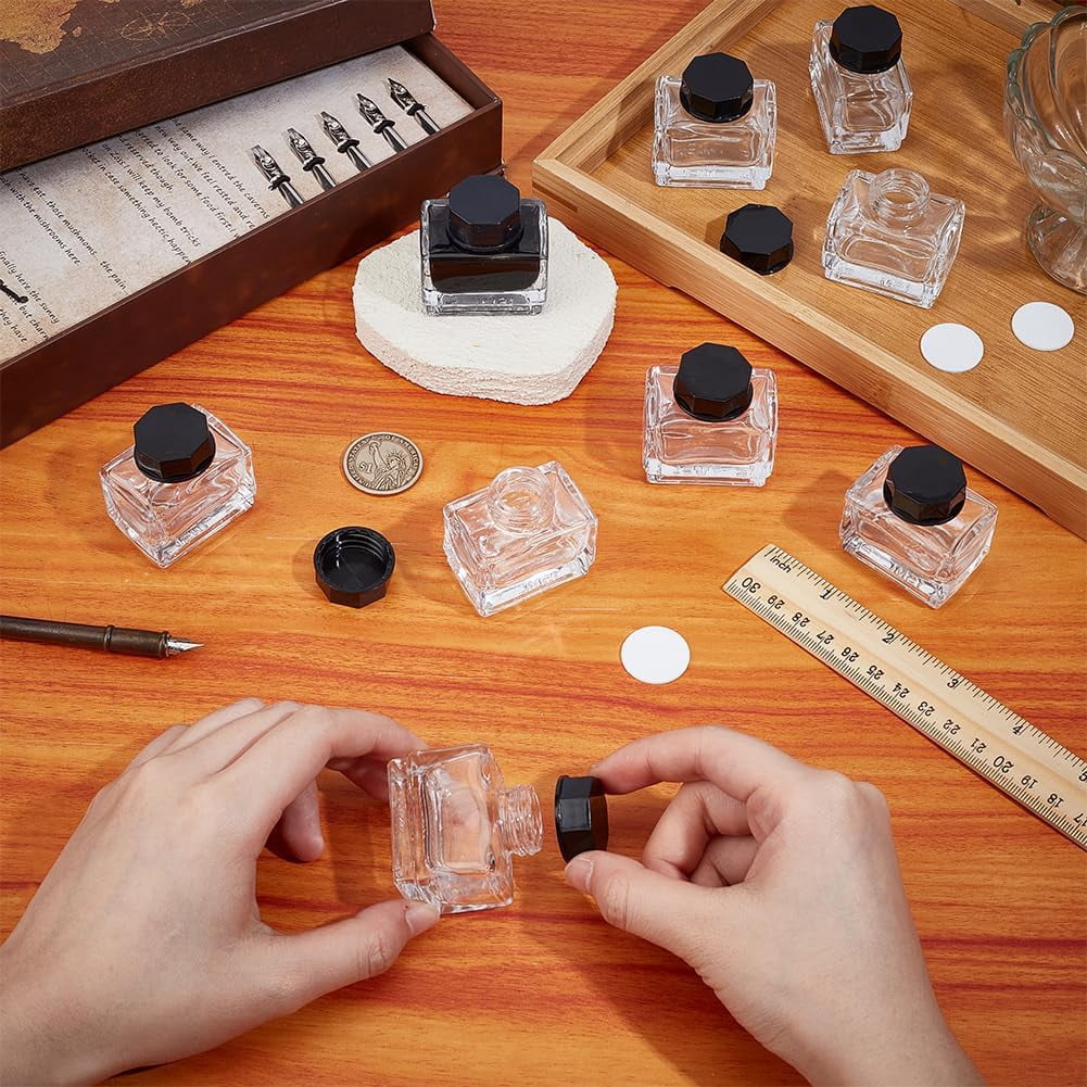 1set 12pcs Glass Fountain Pen Ink Bottle with Plastic Bottle Cap and 4pcs Funnel Hopper & 6pcs Dropper Clear 66x29x29mm Capacity: 18ml(0.61fl. oz)